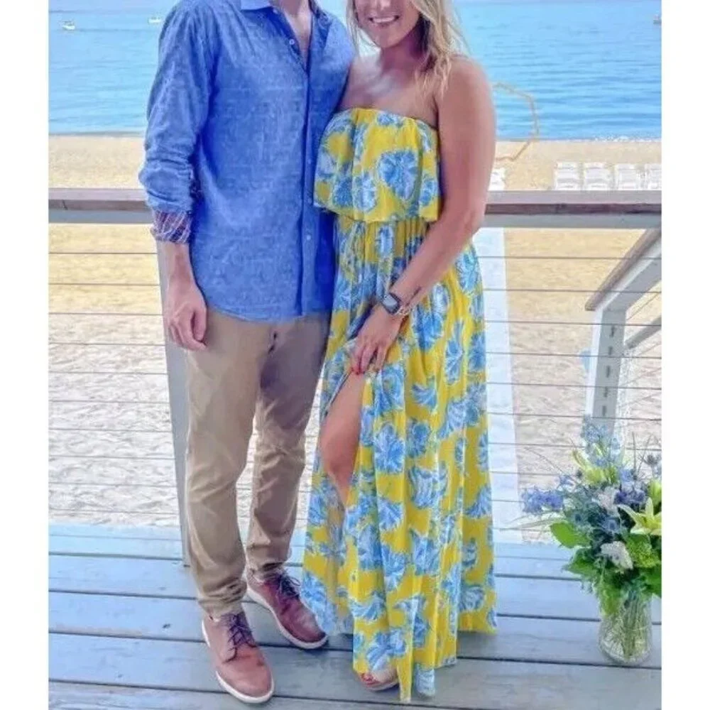 Lulus L Love Boldly Yellow Floral Print Strapless Maxi Dress High Slit Tropical - Picture 3 of 15